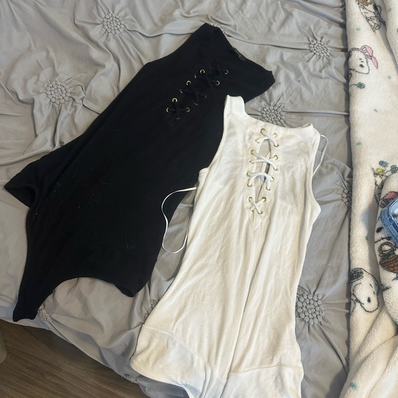 Guess Tops - Guess Black and White Asymmetrical Lace-Up bodysuit